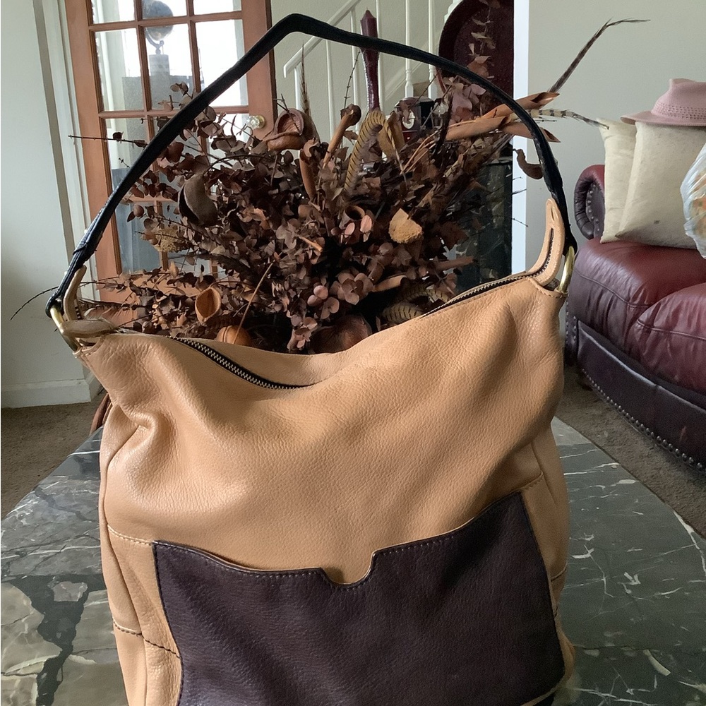 Oryany Adele nude large pebbled two tone shoulder bag 16.5x14